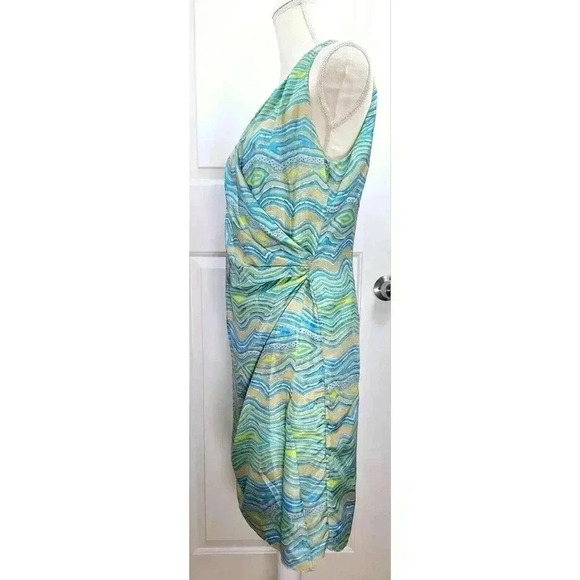 LAFAYETTE 148 Sleeveless Wrap Dress Wavy Stripe Multi Green Beach Colors Size 8 - Picture 2 of 7